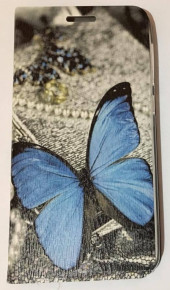 Кожен калъф тефтер FLEXI за HTC Desire 825 / HTC Desire 825 Dual сив със синя пеперуда